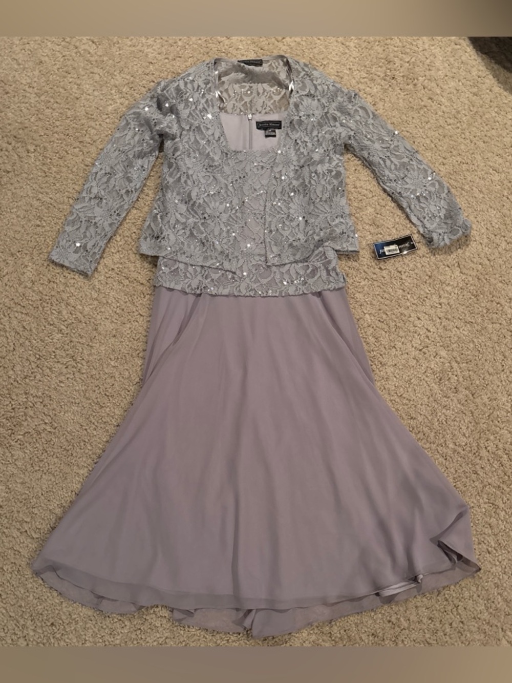 NWT Jessica Howard Silver Lace Chiffon Dress w/ Sequin Cardigan Petite Size 8P